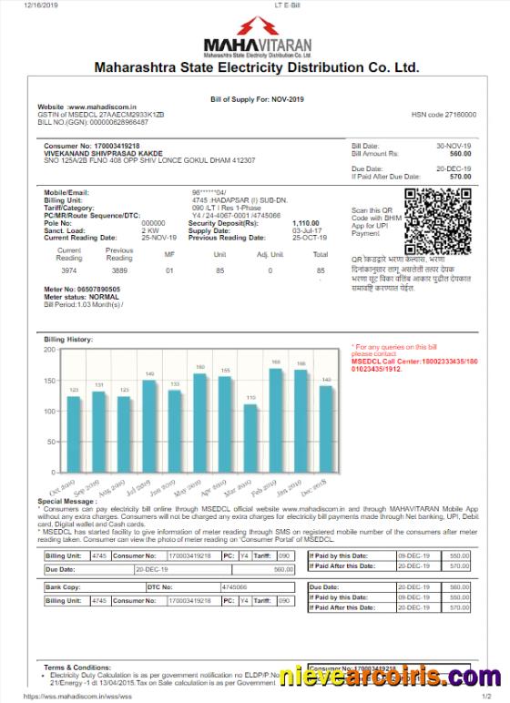 INDIA MAHARASHTRA ELETRICITY utility bill